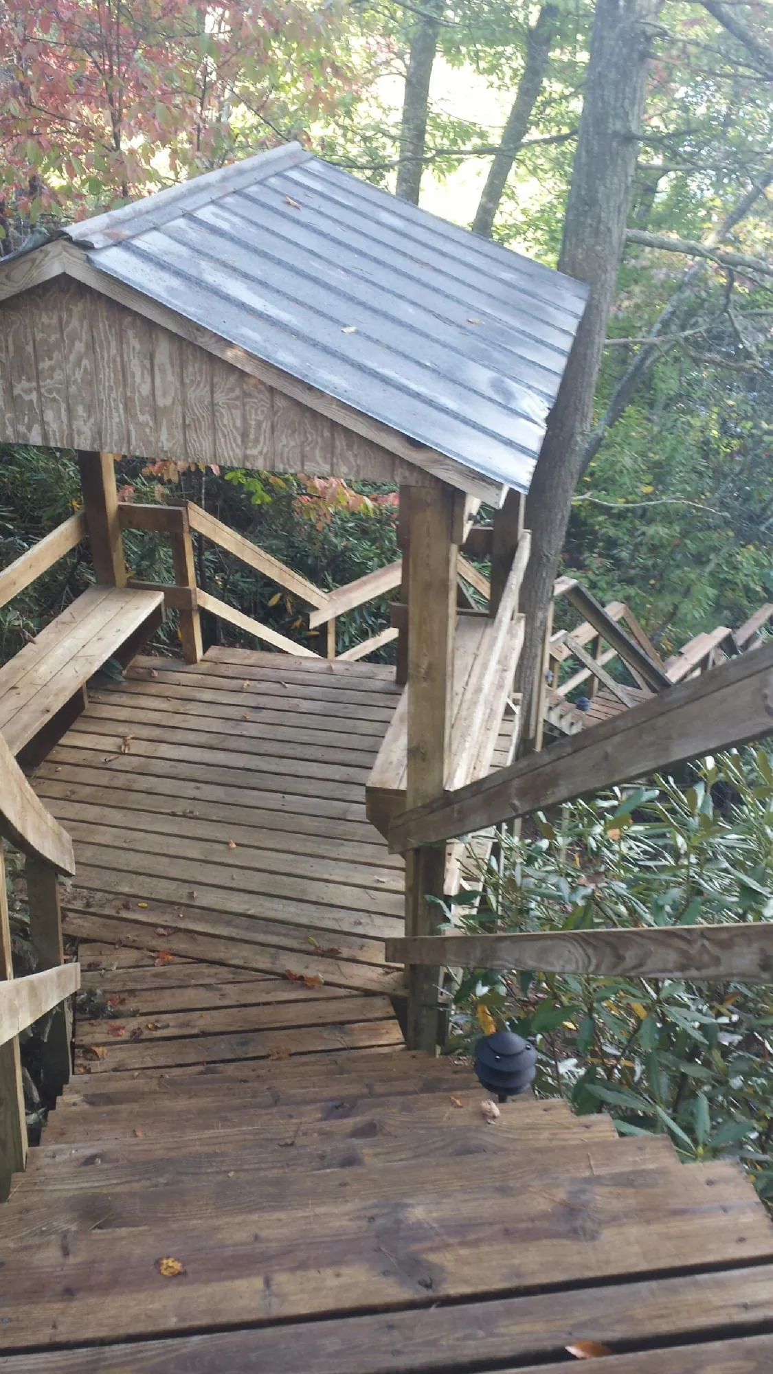 Metal roofed shelter over wooden steps on a wooded walkway — Skylight Repair & Installation work by our crew in Awendaw